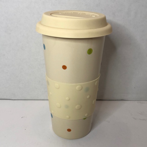 Temptations Cream Colored Polka Dot Ceramic 12 oz Travel Mug - Picture 1 of 4
